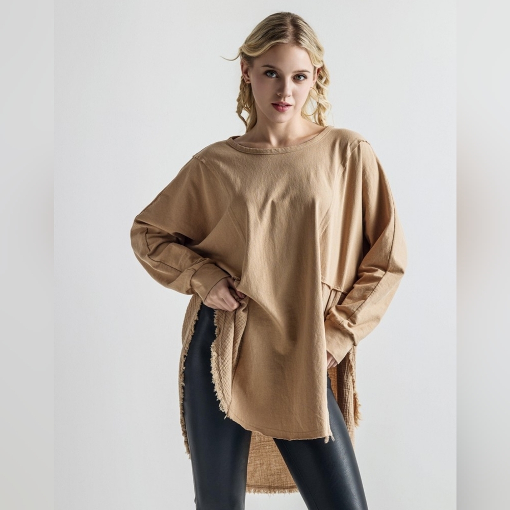 128 | Taupe Oversized Side Slit Contrast Top